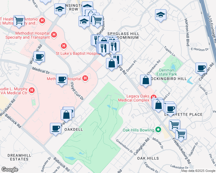 map of restaurants, bars, coffee shops, grocery stores, and more near 7720 Louis Pasteur Drive in San Antonio