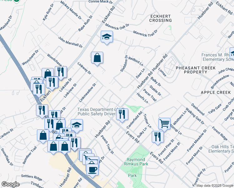map of restaurants, bars, coffee shops, grocery stores, and more near 6523 Pecan Acres Drive in San Antonio