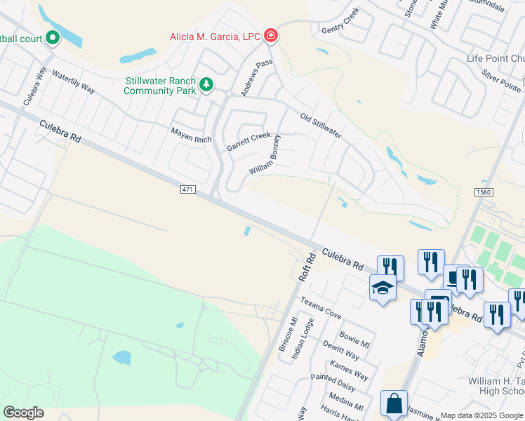 map of restaurants, bars, coffee shops, grocery stores, and more near 12401-12505 Culebra Road in San Antonio