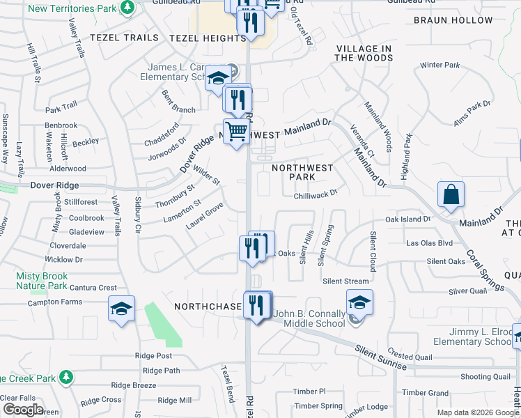 map of restaurants, bars, coffee shops, grocery stores, and more near 7455 Silent Sunset in San Antonio