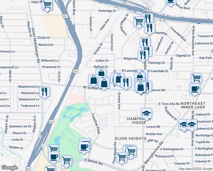 map of restaurants, bars, coffee shops, grocery stores, and more near 323 West Sunset Road in San Antonio
