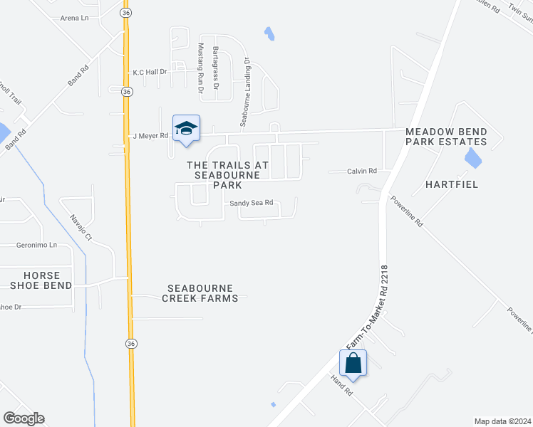 map of restaurants, bars, coffee shops, grocery stores, and more near 2315 Seabourne Trails Road in Rosenberg