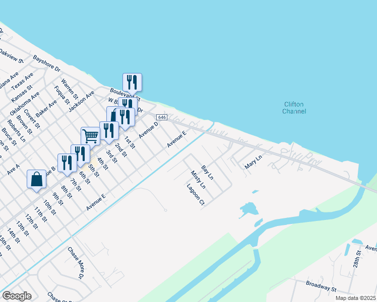 map of restaurants, bars, coffee shops, grocery stores, and more near 206 Gulf Winds Drive in Bacliff