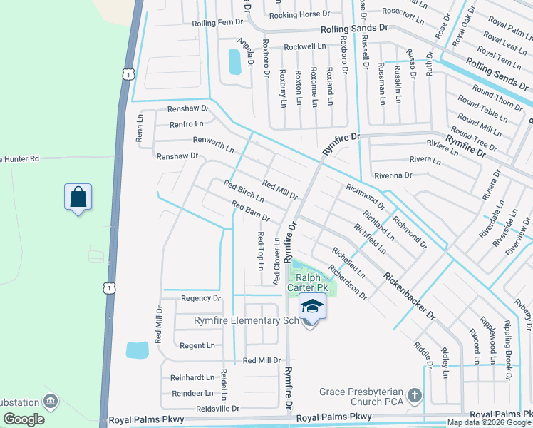 map of restaurants, bars, coffee shops, grocery stores, and more near 20 Red Barn Drive in Palm Coast
