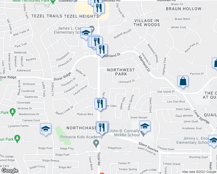 map of restaurants, bars, coffee shops, grocery stores, and more near 7455 Silent Sunset in San Antonio