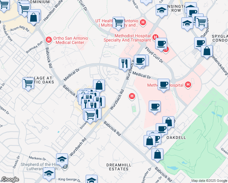 map of restaurants, bars, coffee shops, grocery stores, and more near 4949 Von Scheele Drive in San Antonio