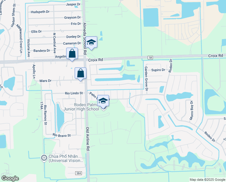 map of restaurants, bars, coffee shops, grocery stores, and more near 1 Rose Desert Court in Manvel