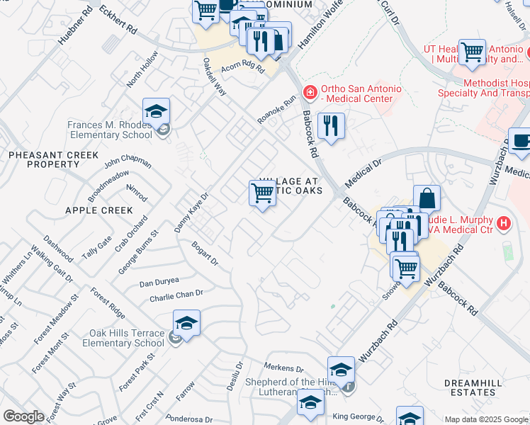map of restaurants, bars, coffee shops, grocery stores, and more near 7221 Lamb Road in San Antonio