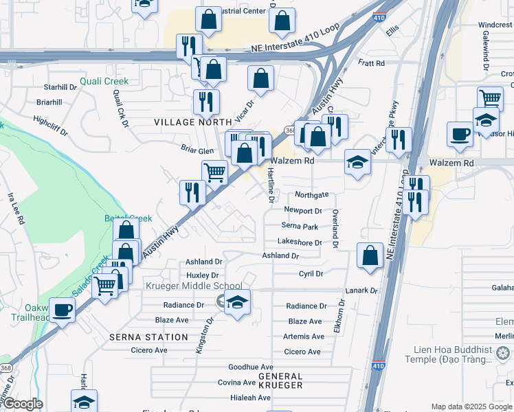 map of restaurants, bars, coffee shops, grocery stores, and more near 403 Hartline Drive in San Antonio