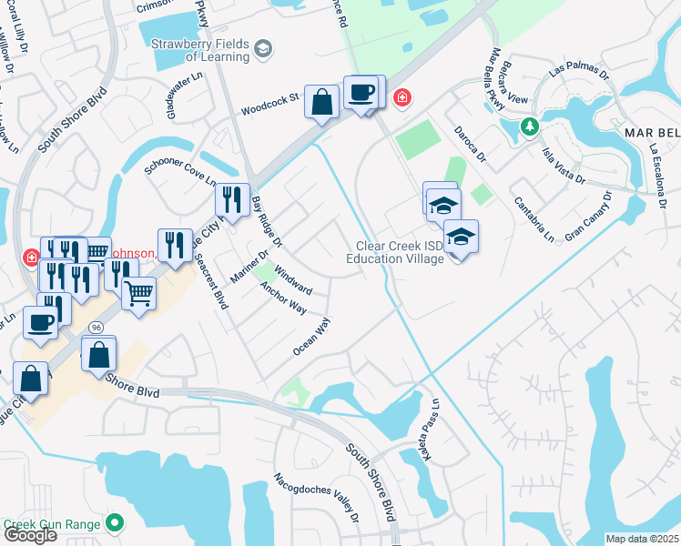 map of restaurants, bars, coffee shops, grocery stores, and more near 404 Bay Ridge Drive in League City