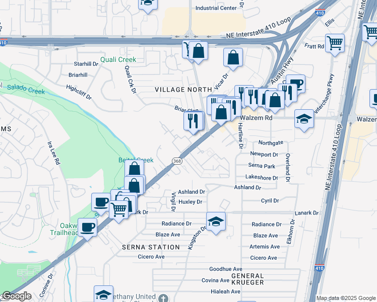 map of restaurants, bars, coffee shops, grocery stores, and more near 2347 Austin Highway in San Antonio