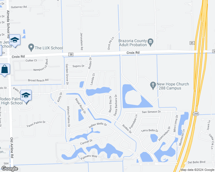 map of restaurants, bars, coffee shops, grocery stores, and more near 5 Catalina Court in Manvel