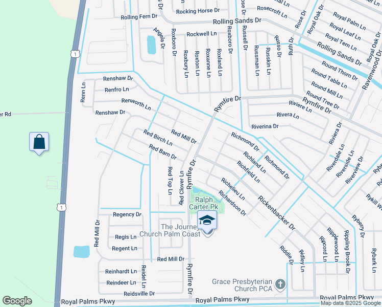 map of restaurants, bars, coffee shops, grocery stores, and more near 7 Red Barn Drive in Palm Coast