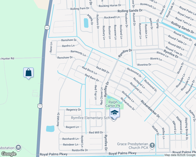 map of restaurants, bars, coffee shops, grocery stores, and more near 20 Red Barn Drive in Palm Coast