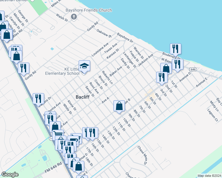 map of restaurants, bars, coffee shops, grocery stores, and more near 623 Jackson Avenue in Bacliff