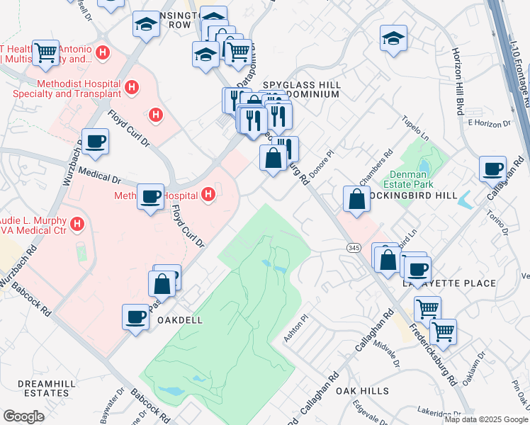 map of restaurants, bars, coffee shops, grocery stores, and more near 7720 Louis Pasteur Drive in San Antonio