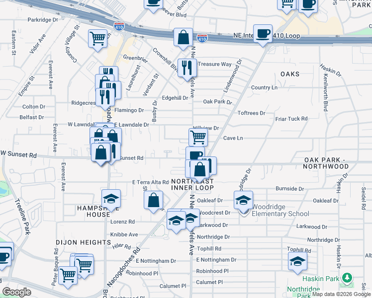 map of restaurants, bars, coffee shops, grocery stores, and more near 74 Camellia Way in San Antonio