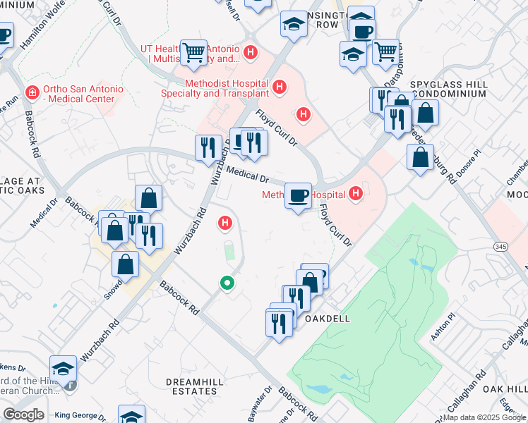 map of restaurants, bars, coffee shops, grocery stores, and more near 4502 Medical Drive in San Antonio