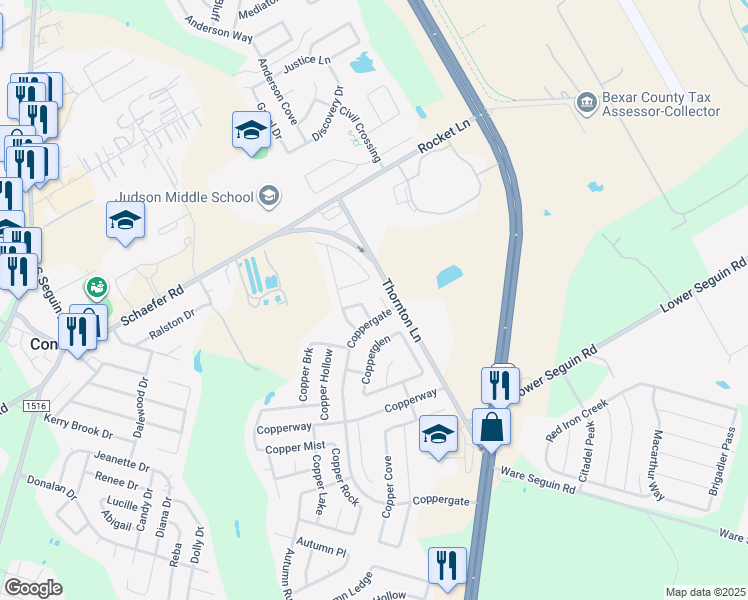 map of restaurants, bars, coffee shops, grocery stores, and more near 8415 Copperplace in Converse