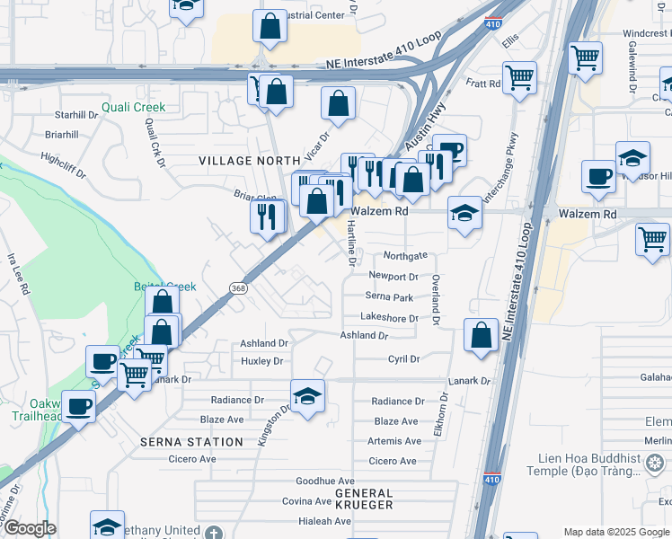 map of restaurants, bars, coffee shops, grocery stores, and more near 403 Hartline Drive in San Antonio