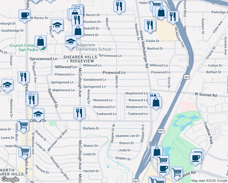 map of restaurants, bars, coffee shops, grocery stores, and more near 375 Maplewood Lane in San Antonio