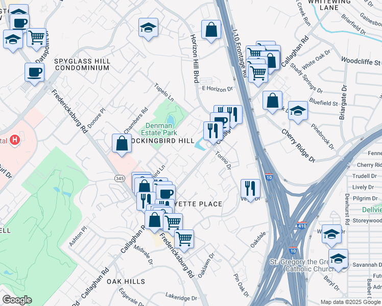 map of restaurants, bars, coffee shops, grocery stores, and more near 7667 Callaghan Road in San Antonio