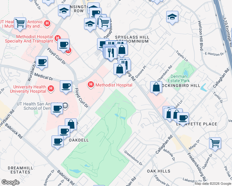 map of restaurants, bars, coffee shops, grocery stores, and more near 7720 Louis Pasteur Drive in San Antonio