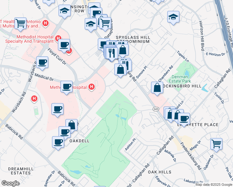 map of restaurants, bars, coffee shops, grocery stores, and more near 7720 Louis Pasteur Drive in San Antonio