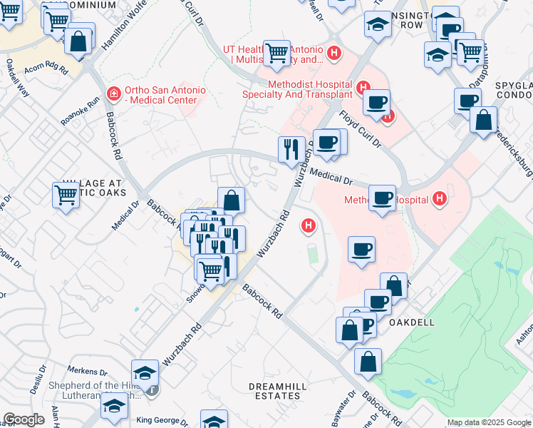 map of restaurants, bars, coffee shops, grocery stores, and more near 4949 Von Scheele Drive in San Antonio
