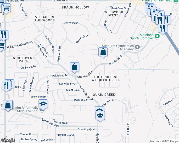map of restaurants, bars, coffee shops, grocery stores, and more near 7585 Mainland Drive in San Antonio
