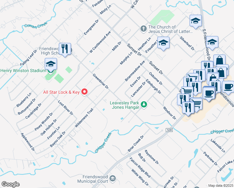 map of restaurants, bars, coffee shops, grocery stores, and more near 1201 Greenbriar Drive in Friendswood