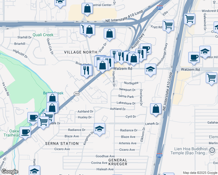 map of restaurants, bars, coffee shops, grocery stores, and more near 403 Hartline Drive in San Antonio