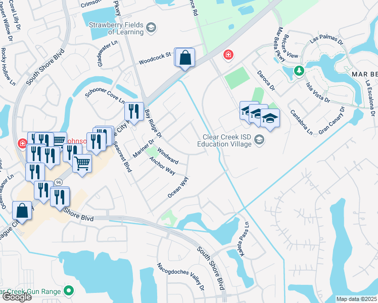map of restaurants, bars, coffee shops, grocery stores, and more near 404 Bay Ridge Drive in League City