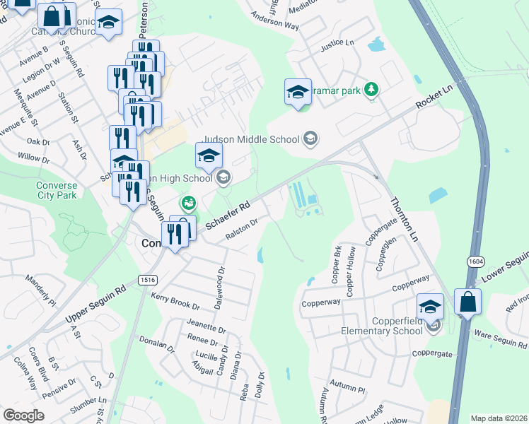 map of restaurants, bars, coffee shops, grocery stores, and more near 249 Ralston Drive in Converse