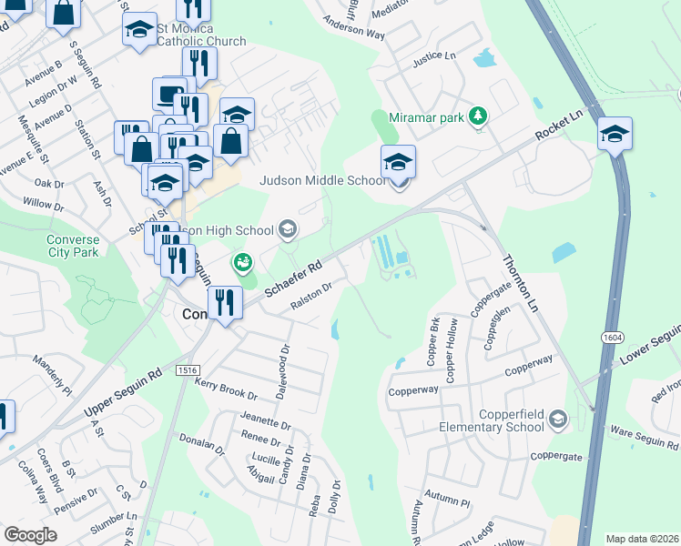 map of restaurants, bars, coffee shops, grocery stores, and more near 249 Ralston Drive in Converse