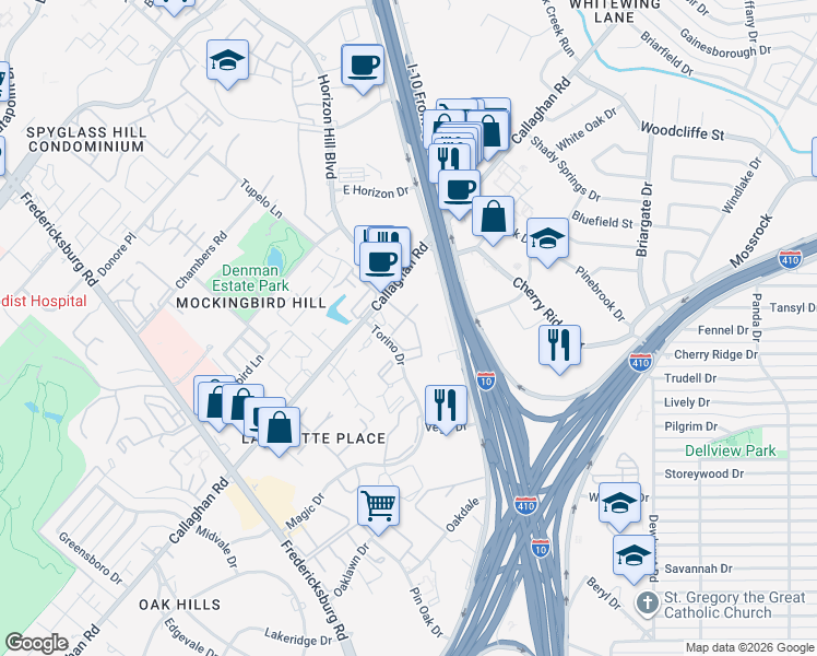 map of restaurants, bars, coffee shops, grocery stores, and more near 7800 Interstate 10 in San Antonio