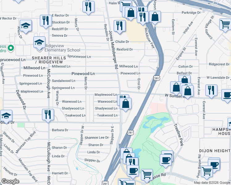 map of restaurants, bars, coffee shops, grocery stores, and more near 479 Maplewood Lane in San Antonio
