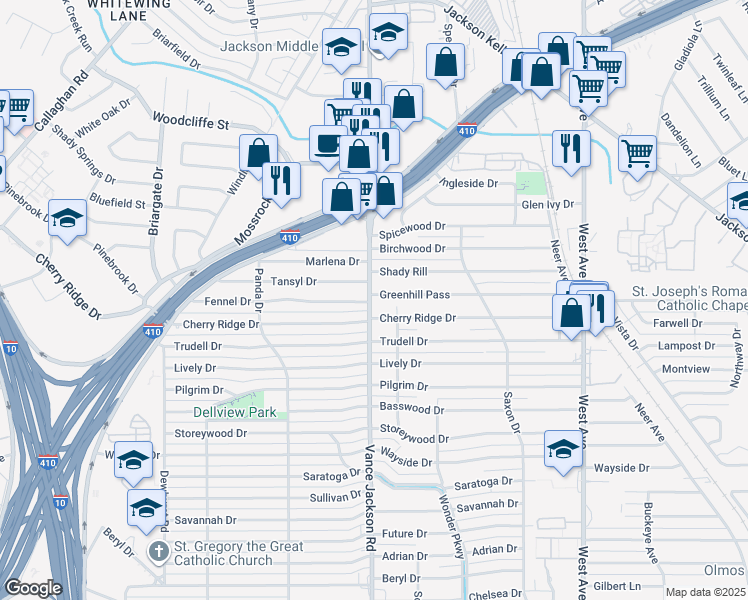 map of restaurants, bars, coffee shops, grocery stores, and more near 298 Greenhill Pass in San Antonio