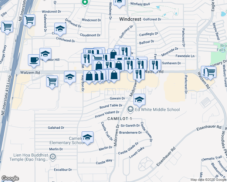map of restaurants, bars, coffee shops, grocery stores, and more near 5315 Gawain Drive in San Antonio