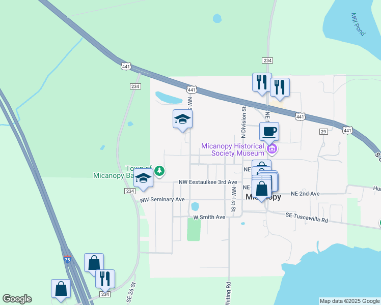 map of restaurants, bars, coffee shops, grocery stores, and more near Northwest 5 Street in Micanopy