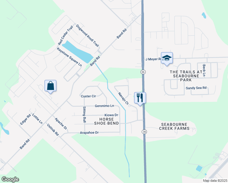 map of restaurants, bars, coffee shops, grocery stores, and more near 5022 Navajo Court in Rosenberg