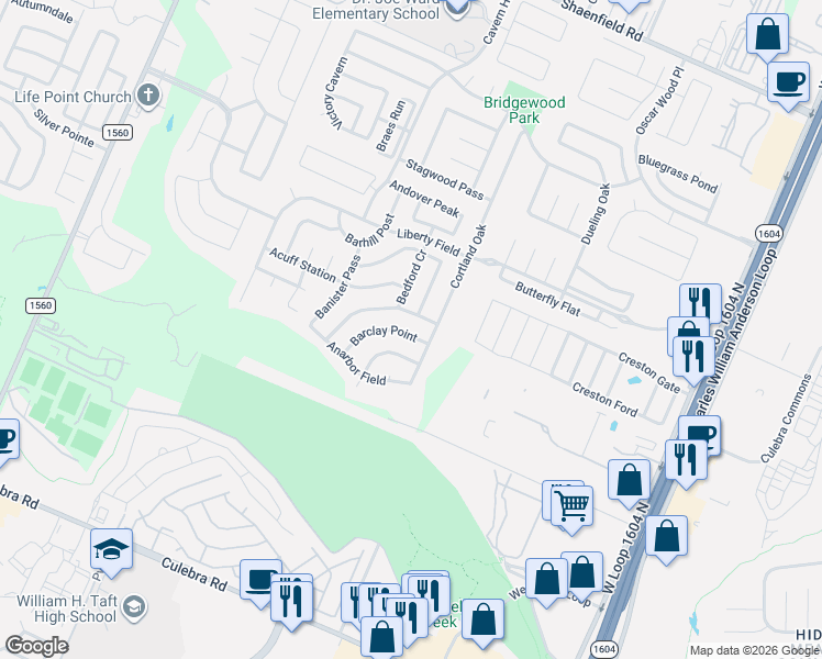 map of restaurants, bars, coffee shops, grocery stores, and more near 11023 Barclay Point in San Antonio