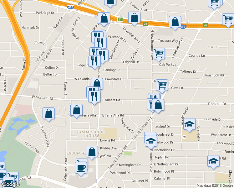 map of restaurants, bars, coffee shops, grocery stores, and more near 219 East Sunset Road in San Antonio