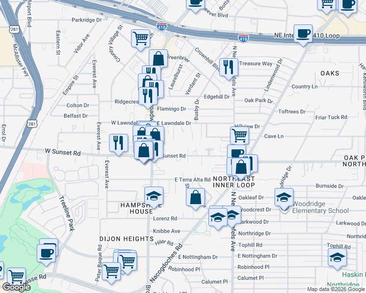 map of restaurants, bars, coffee shops, grocery stores, and more near 219 East Sunset Road in San Antonio