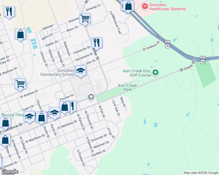 map of restaurants, bars, coffee shops, grocery stores, and more near 1917 Saint Lawrence Street in Gonzales
