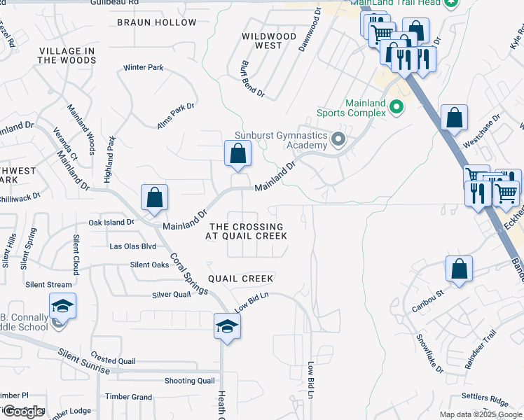 map of restaurants, bars, coffee shops, grocery stores, and more near 7278 Burns Lane in San Antonio