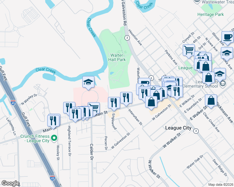 map of restaurants, bars, coffee shops, grocery stores, and more near 710 West Main Street in League City