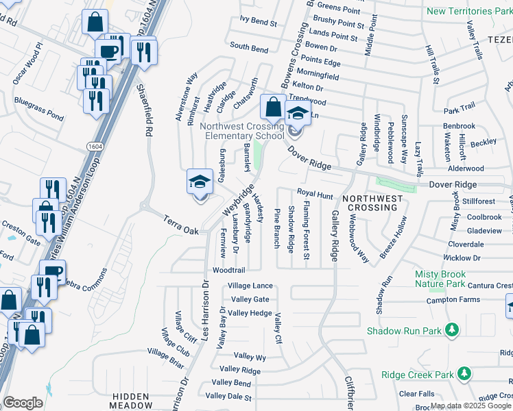 map of restaurants, bars, coffee shops, grocery stores, and more near 7339 Hardesty in San Antonio