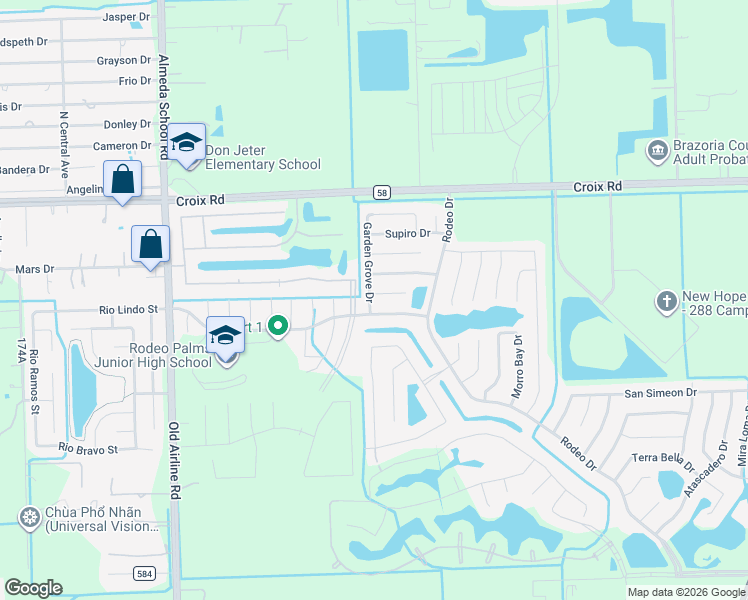 map of restaurants, bars, coffee shops, grocery stores, and more near 7 Garden Grove Drive in Manvel