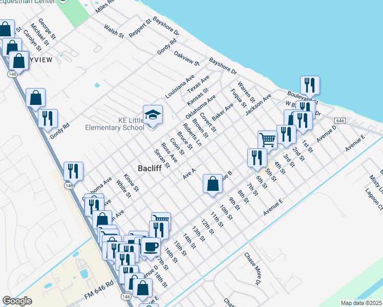 map of restaurants, bars, coffee shops, grocery stores, and more near 618 Jackson Ave in Bacliff